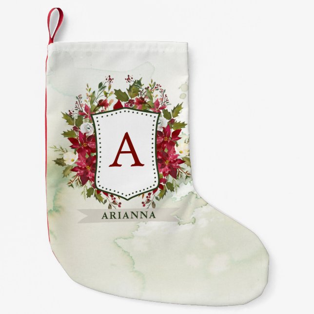 Monogramm des Weihnachtsblumenwatercolor-Wappen-| Kleiner Weihnachtsstrumpf (Vorderseite)