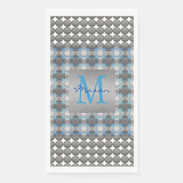 Monogramm des weißen, blauen und grauen Polka-Punk Serviette (Vorderseite)