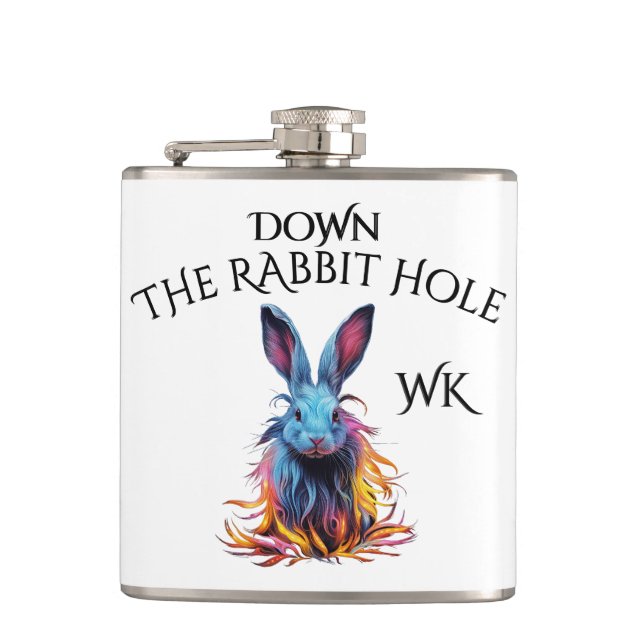 Monogramm Down Rabbit Hole Blue Bunny Flachmann (Vorderseite)