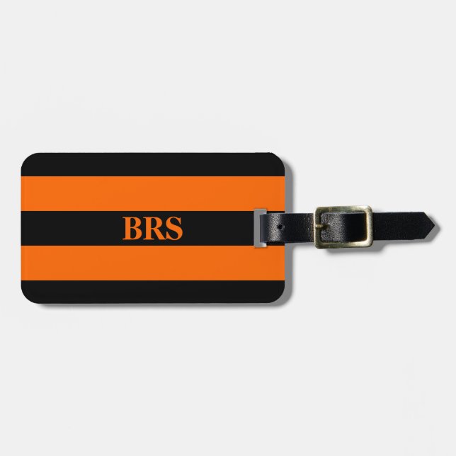 Monogramm Drei schwarze Streifen auf Orange Gepäckanhänger (Vorderseite horizontal)