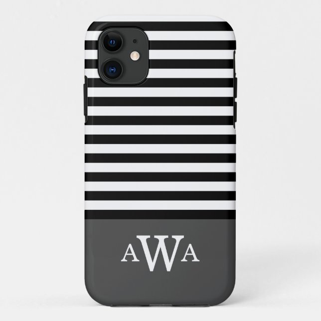 Monogramm, dreifach, graue Schwarz-weiße Streifen Case-Mate iPhone Hülle (Rückseite)