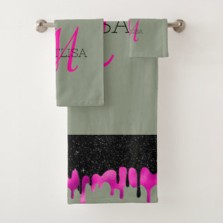 Monogramm Drilling Glitzer Sage Green Hot Pink Badhandtuch Set