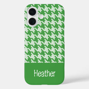 Monogramm dunkelgrünes und weißes Hahnentrittmuste iPhone 16 Hülle