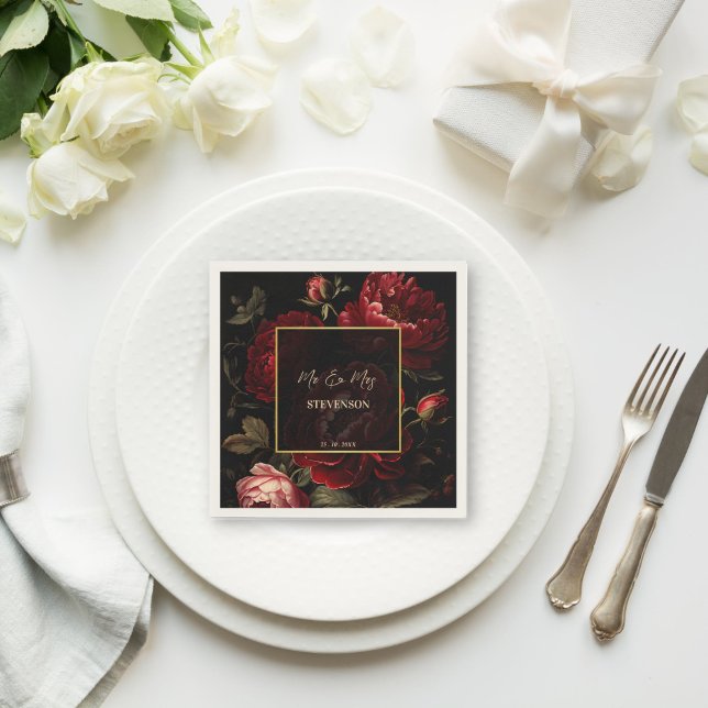 Monogramm dunkelmoody, Vintage Rose gedruckt Serviette (Dark moody wedding vintage roses monogram printed napkins personalized wedding table decor)