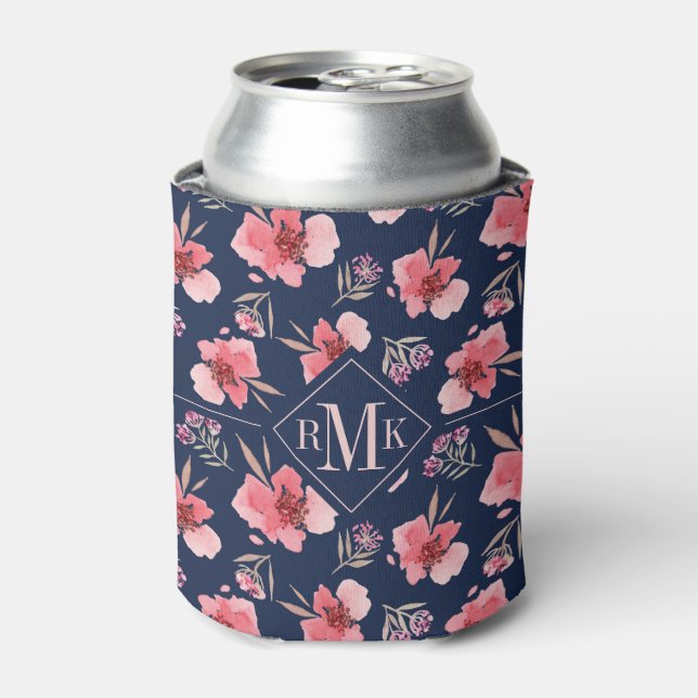 Monogramm | Dunkelrosa Wasserfarbmuster Dosenkühler (Kanne Vorderseite)
