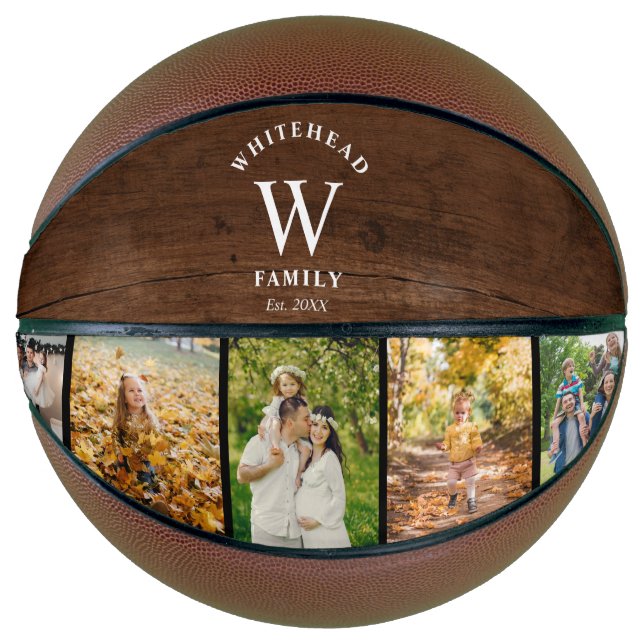 Monogramm Dunkles Holz 5 FotoCollage Basketball (Vorderseite)