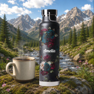 Monogramm Dunkles Türkisrotes Blütenblühen Trinkflasche