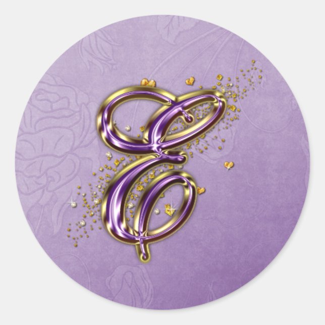 Monogramm E-Aufkleber für lila Glitzer Runder Aufkleber (Vorderseite)