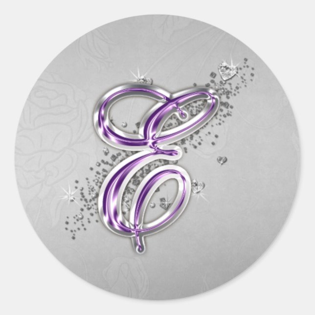 Monogramm-E-Aufkleber für lila Glitzer Runder Aufkleber (Vorderseite)
