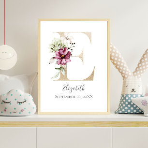 Monogramm E Rosa Weiß Blumen Gold Buchstabe Kinder Poster