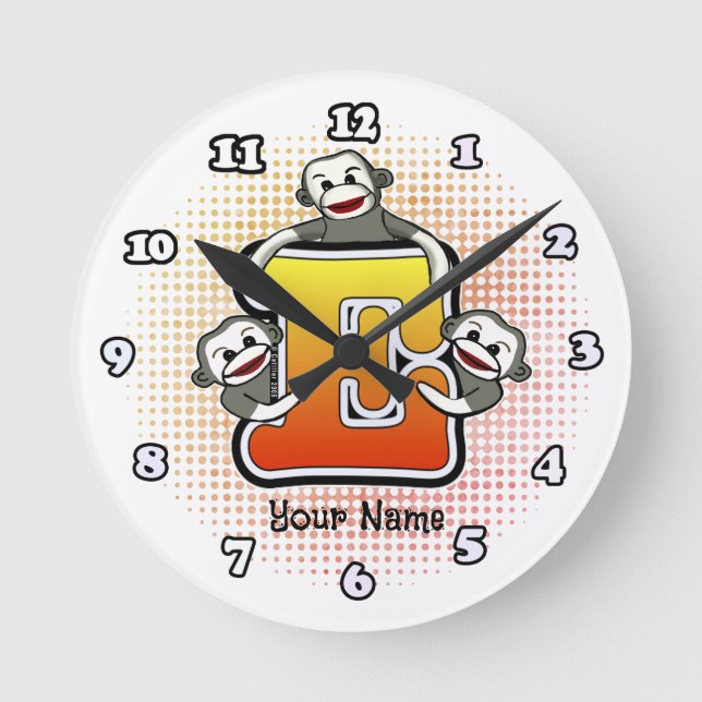 Monogramm E Sock Monkey-Uhr Runde Wanduhr (Vorderseite)