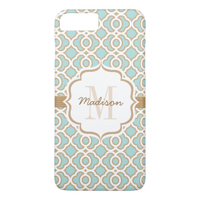 Monogramm Eggshell Blue und Gold Quatrefolie Case-Mate iPhone Hülle (Rückseite)