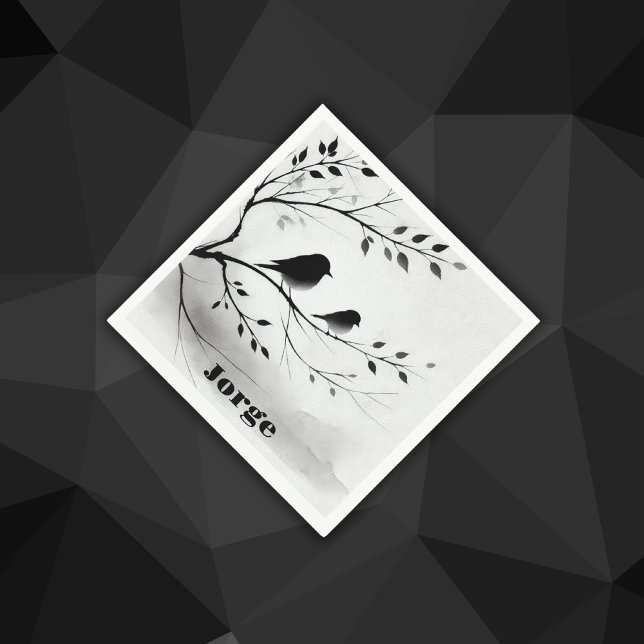 Monogramm einfache Schwarz-Weiß-Vögel in Bäumen | Serviette (Von Creator hochgeladen)