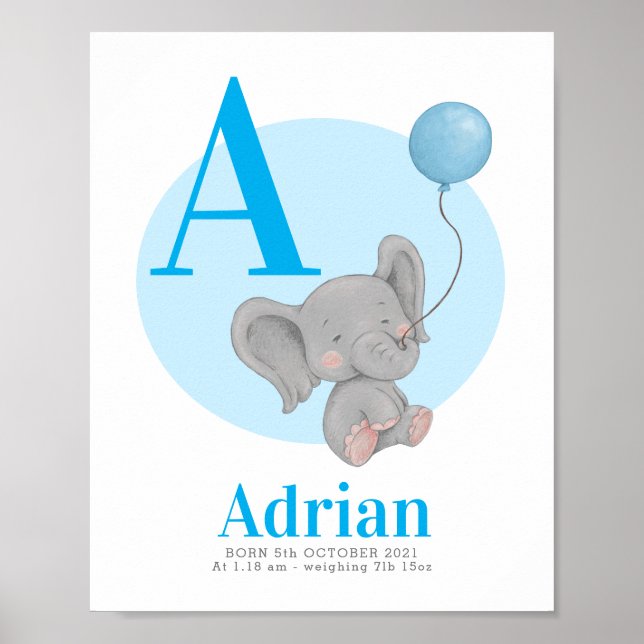 Monogramm Elefantenballon Name Kinderzimmer Wandku Poster (Vorne)