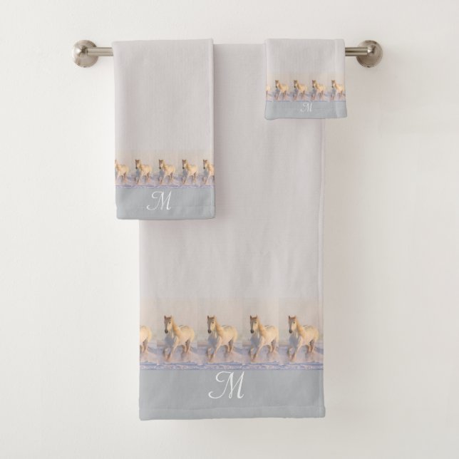 Monogramm, Elegant, Pferde auf Gainsboro aschgrau Badhandtuch Set (Insitu)