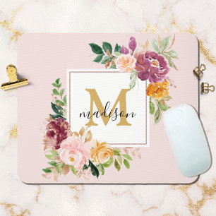 Monogramm Elegante Aquarell-Rosen Floral Botanisch Mousepad