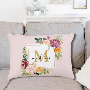 Monogramm Elegante Aquarell-Rosen Florale Botanik Dekokissen
