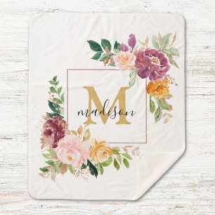 Monogramm Elegante Aquarell-Rosen Florale Botanik Sherpadecke