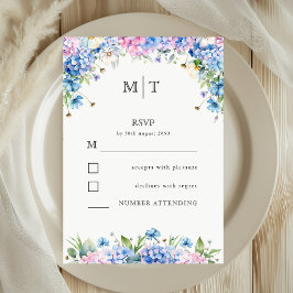 Monogramm Elegante Blaue Hortensien Hochzeitsantwo RSVP Karte