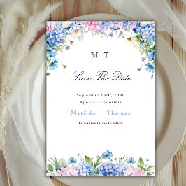 Monogramm Elegante Blaue Hortensien-Rand Hochzeit Save The Date