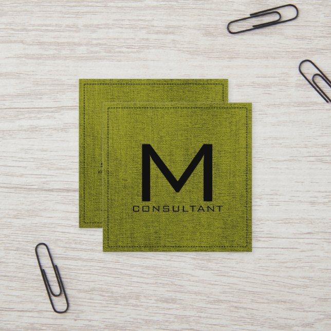 Monogramm Elegante moderne grüne Leinwand Quadratische Visitenkarte (Vorderseite/Rückseite Beispiel)