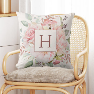 Monogramm Elegante Rosa Rosen-Pfingstrose Blumenst Kissen