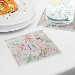Monogramm Elegante Rosa Rosen-Pfingstrose Blumiger Glasuntersetzer