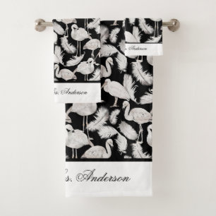 Monogramm Elegante Schrift Schwarz Weiße Schwäne F Badhandtuch Set