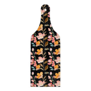 Monogramm Elegante Schwarze Wasserfarben-Blume Schneidebrett