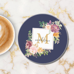 Monogramm Elegante Wasserfarbe-Rosen-Blumen-Botani Getränkeuntersetzer