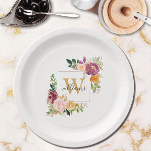 Monogramm Elegante Wasserfarbe-Rosen Florale Botan Pappteller