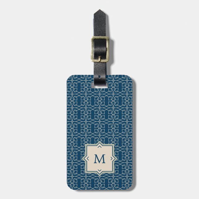 Monogramm elegantes | erröten rosa Muster auf Blau Gepäckanhänger (Vorderseite vertikal)