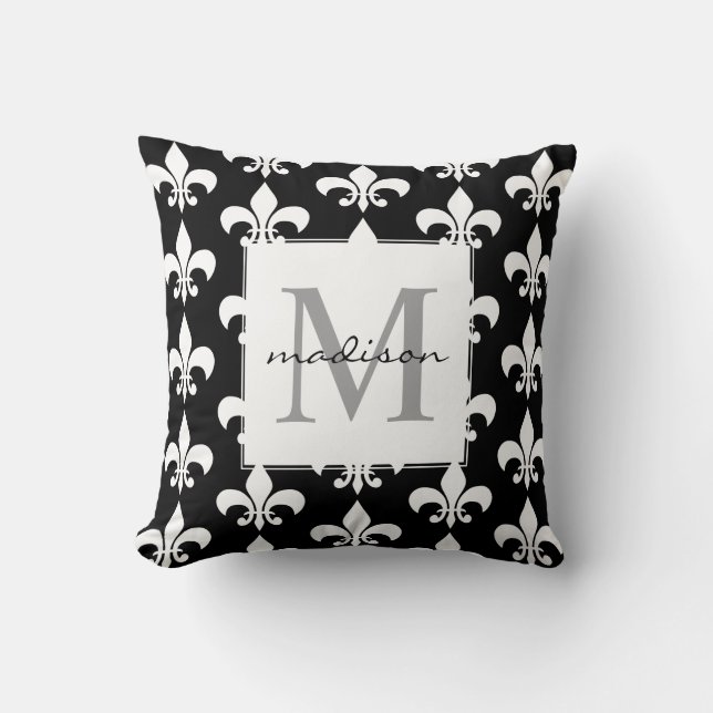 Monogramm-elegantes Schwarz-weißes Lilien-Muster Kissen (Vorderseite)