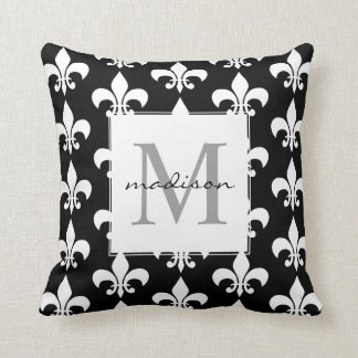 Monogramm-elegantes Schwarz-weißes Lilien-Muster Kissen