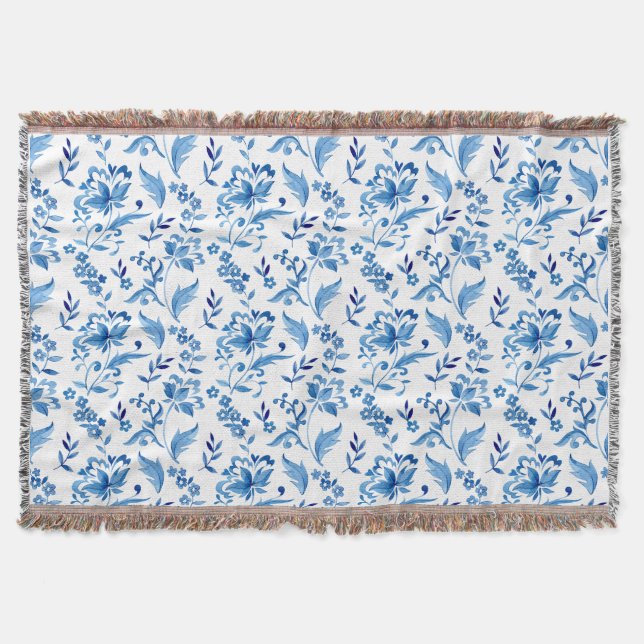 Monogramm Elegantes Vintage Blaues Blumenmuster Decke (Vorderseite)