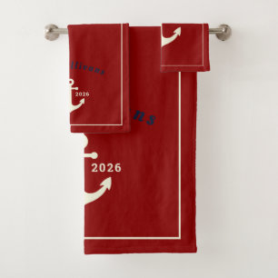 Monogramm-Erbe-Nautischer-Anker-Burgund-Elfenbein Badhandtuch Set