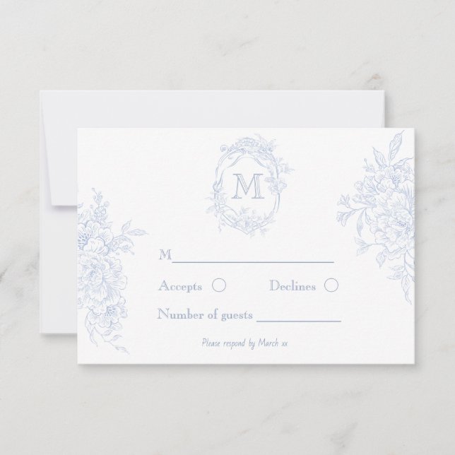 Monogramm erste florale Blue Toile Wedding Bridal RSVP Karte (Vorderseite)
