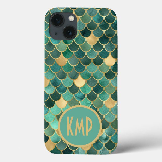 Monogramm erste grüne Smaragdgoldene Meerjungenska Case-Mate iPhone Hülle (Rückseite)