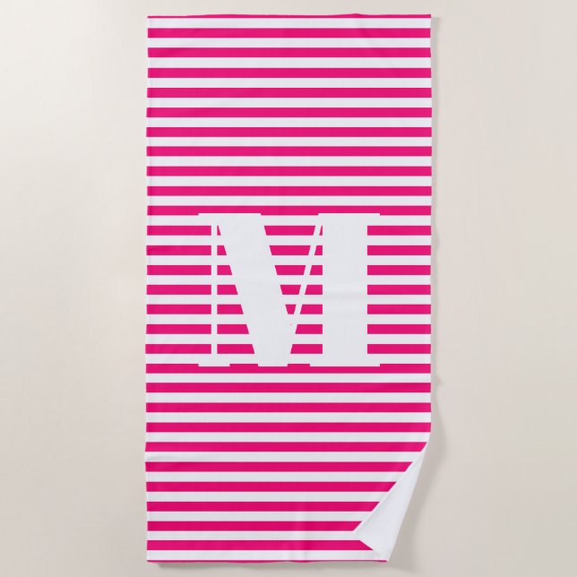 Monogramm erste heiße rosa Fuchsienstreifen Strandtuch (Vorderseite)