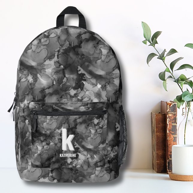 Monogramm erste Schwarz-weiße Wasserfarben Bedruckter Rucksack (Cute Monogram Initial Name Black White Watercolor Printed Backpack)