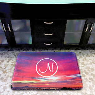 Monogramm Erstmaliges Hot Pink Blue Sunset Fotogra Badematte