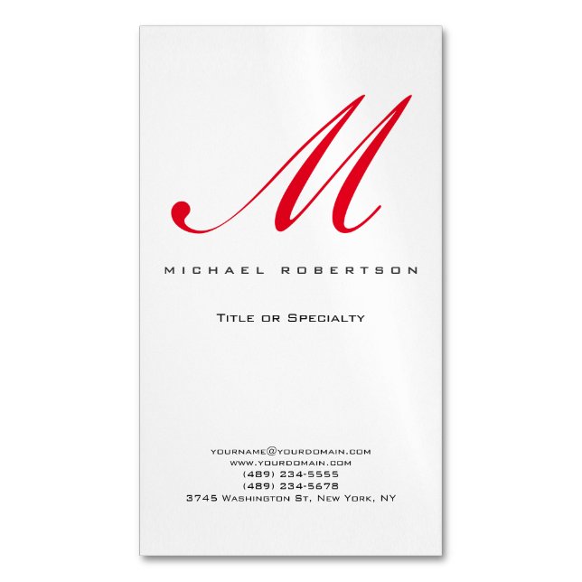 Monogramm Erstweises Weißes Rotes Minimalistisch Magnetische Visitenkarte (Vorderseite Vertikal)