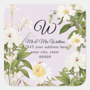 Monogramm Etikett Lavendel Rose Päonie Blumen Quadratischer Aufkleber