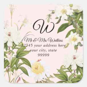 Monogramm Etikett Rückseite Pinke Lilie Rose Pfing Quadratischer Aufkleber