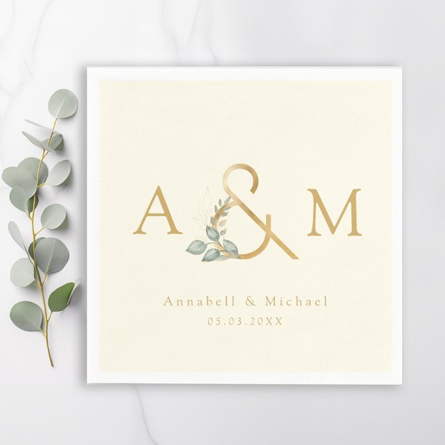Monogramm, Eukalyptus Ampersand, Beige & Gold Serviette (Monogram, Eucalyptus Ampersand, Beige & Gold Weddings Napkins)