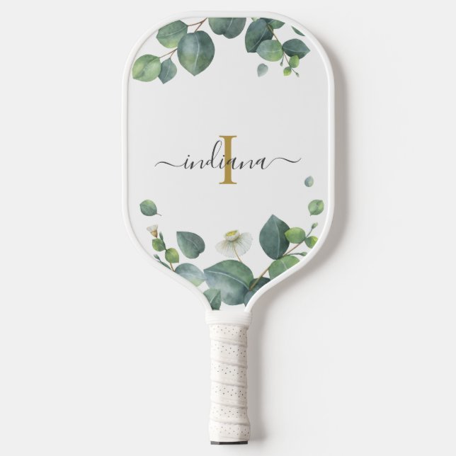 Monogramm Eukalyptus Botanischer Anfangsname Pickleball Schläger (Vorderseite)