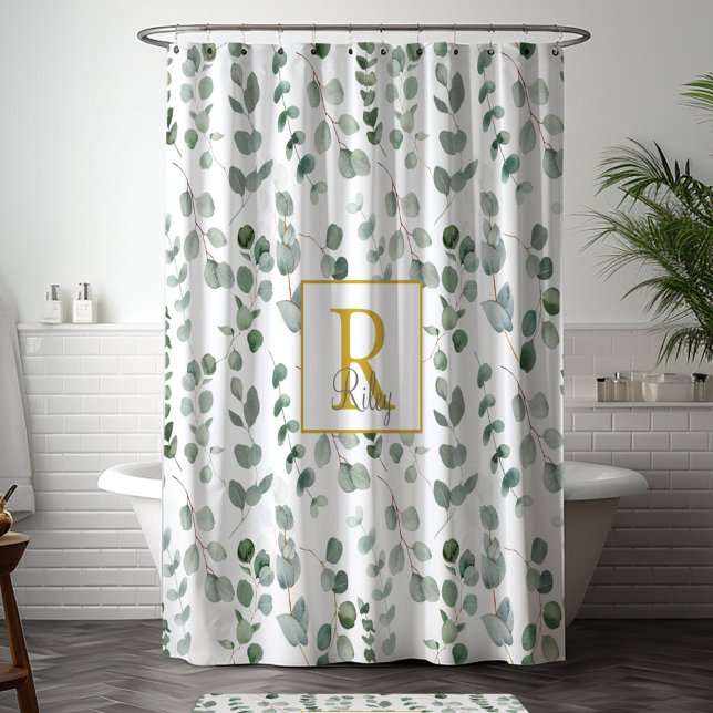 Monogramm-Eukalyptus-Muster Duschvorhang (In situ bathroom)