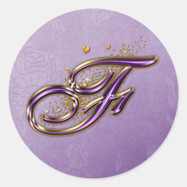 Monogramm-F-Aufkleber für lila Glitzer und Gold Runder Aufkleber (Vorderseite)