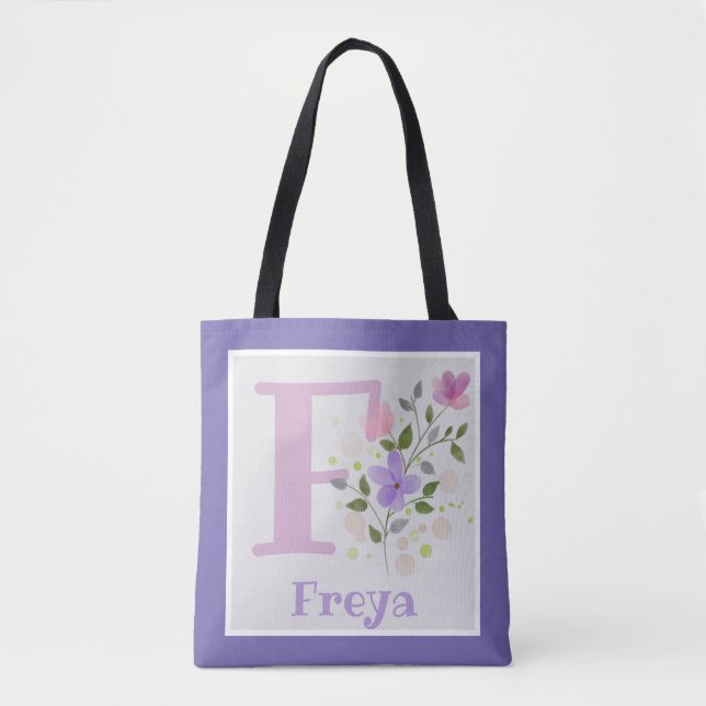 Monogramm F & Name Freya mit Blume Tasche (Vorderseite)