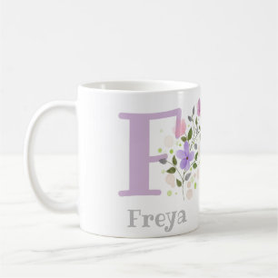 Monogramm F & Name Freya mit Blumen Kaffeetasse
